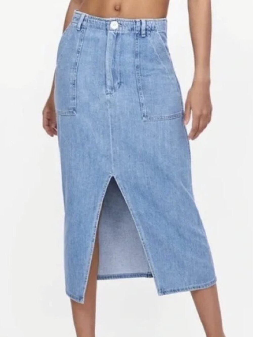 Zara Woman Premium Denim Collection Utility Midi Skirt Front Slit Size 28